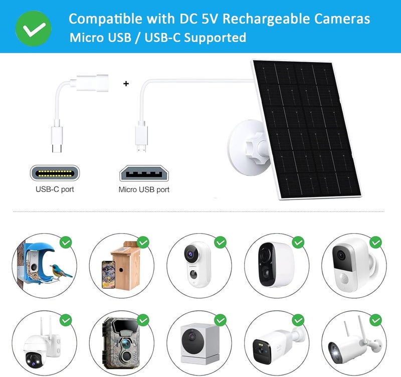VUEBEE 4W Solar Panel for Security Camera, USB-C/Micro USB Solar Charger for Rechargeable Battery Cameras, IP66 Waterproof, 360° Adjustable Mount, 9.8FT/3M Cable, 2 Pack - Image 4
